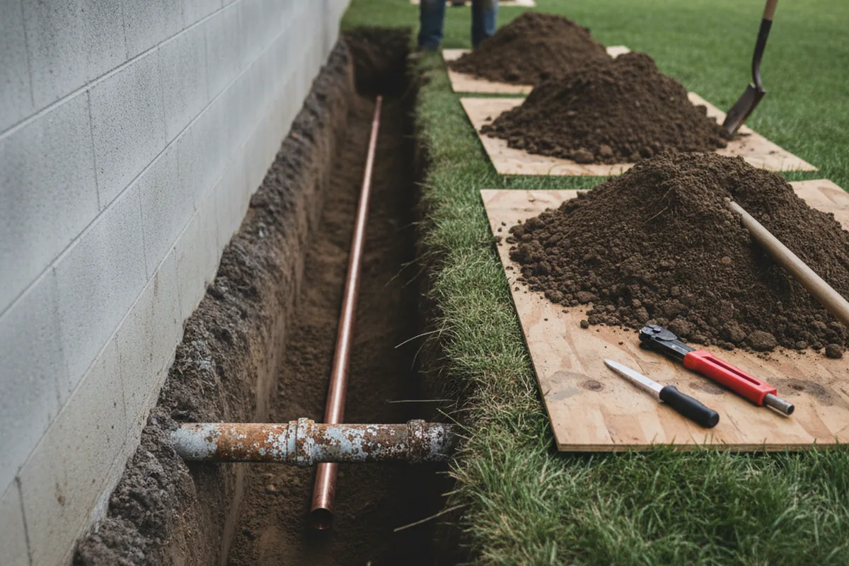 Excavated water line trench during Sewer Line Repair in Abbeville